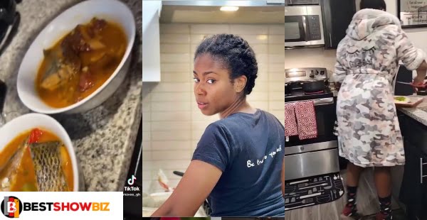 Mzvee Proves she is a wife material, she was spotted cooking fufu and light soup (video)