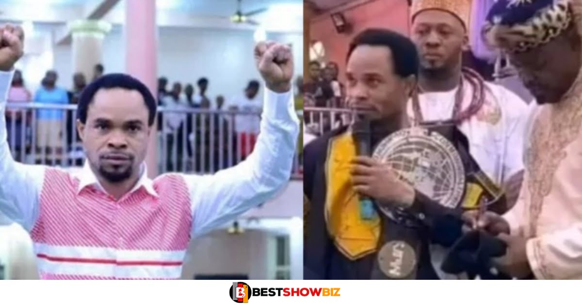 Only in Africa: Pastor showcases championship belt in church after beating satan in wrestling (video)