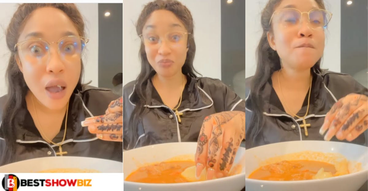 "Tonto Dikeh Tries Ghanaian Fufu And Light Soup for the first time" – See Her Reaction (VIDEO)