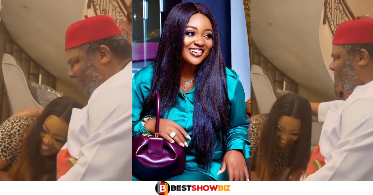Video: Humble Jackie Appiah kneels down as she meets legendary actor Pete Edochie on set