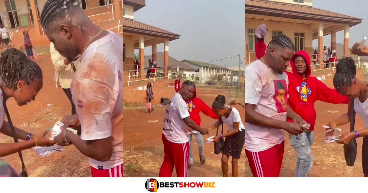 Rich boy sprays cash on female classmate who always helped him with their final exams. (video)