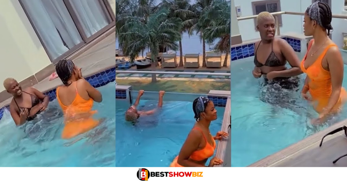 Watch video of Shatta Wale's new girlfriend teaching Fella Makafui how to swim.