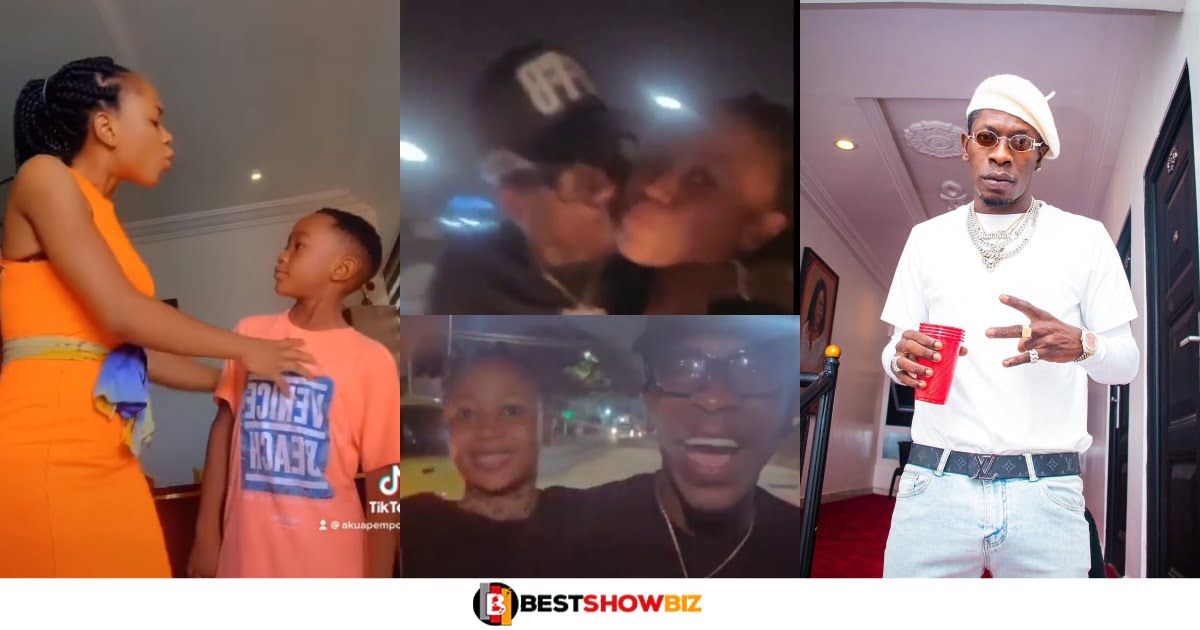 See how Shatta wale k!ssed Akuapem Poloo passionately after giving her son Ghc 500. (video)