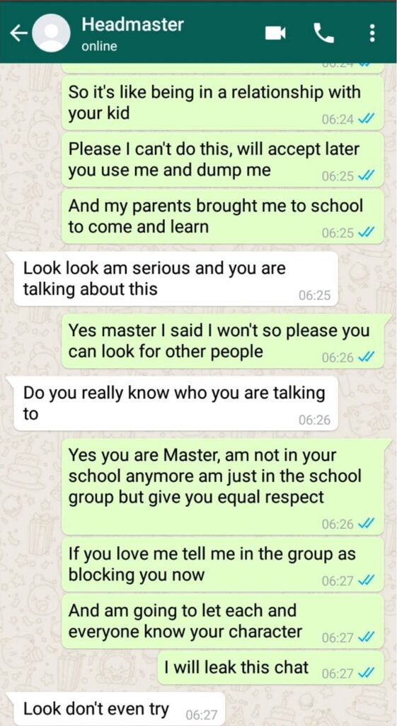 ‘Master you are too old to be my boyfriend’-Leaked chats between Schoolgirl and headmaster surface (Screenshots)