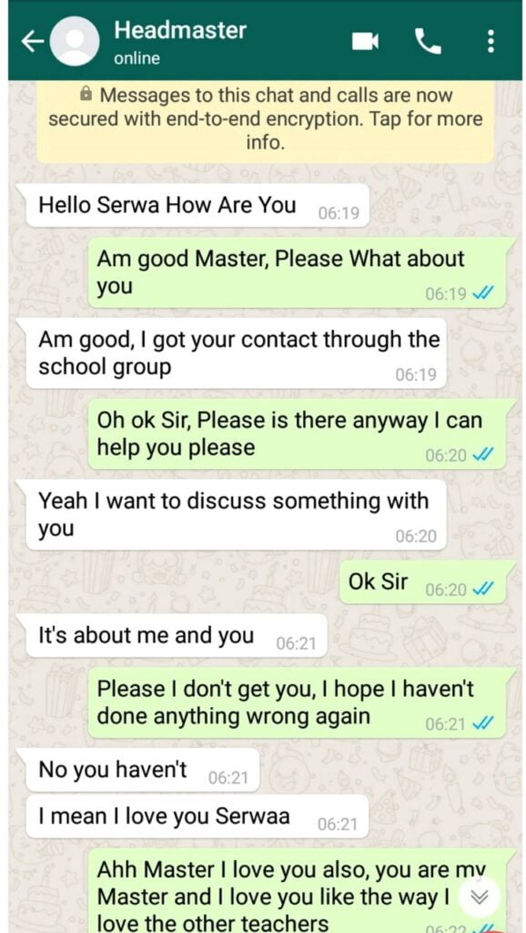 ‘Master you are too old to be my boyfriend’-Leaked chats between Schoolgirl and headmaster surface (Screenshots)