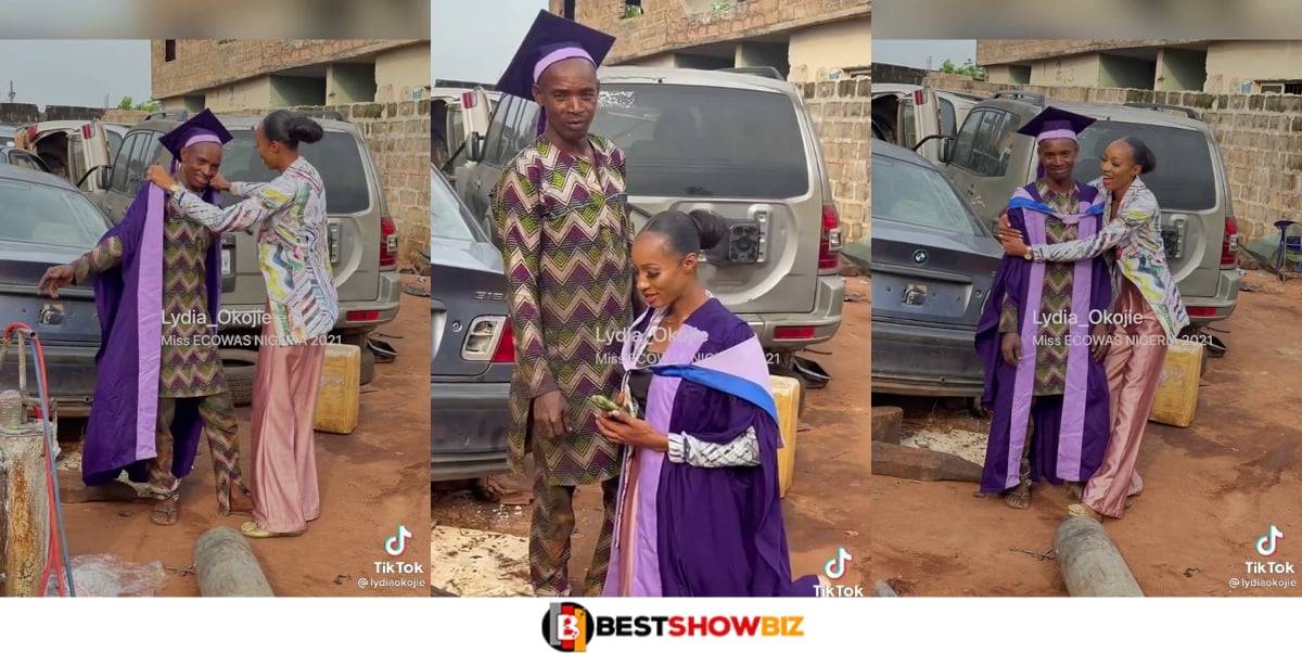 Father's Love: Beautiful Lady runs to her father's mechanic shop after graduating to thank him (video)
