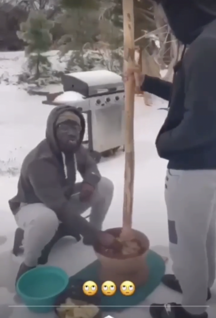 Two Ghanaian Men Living In America Spotted Pounding Fufu In Heavy Snow (watch video)