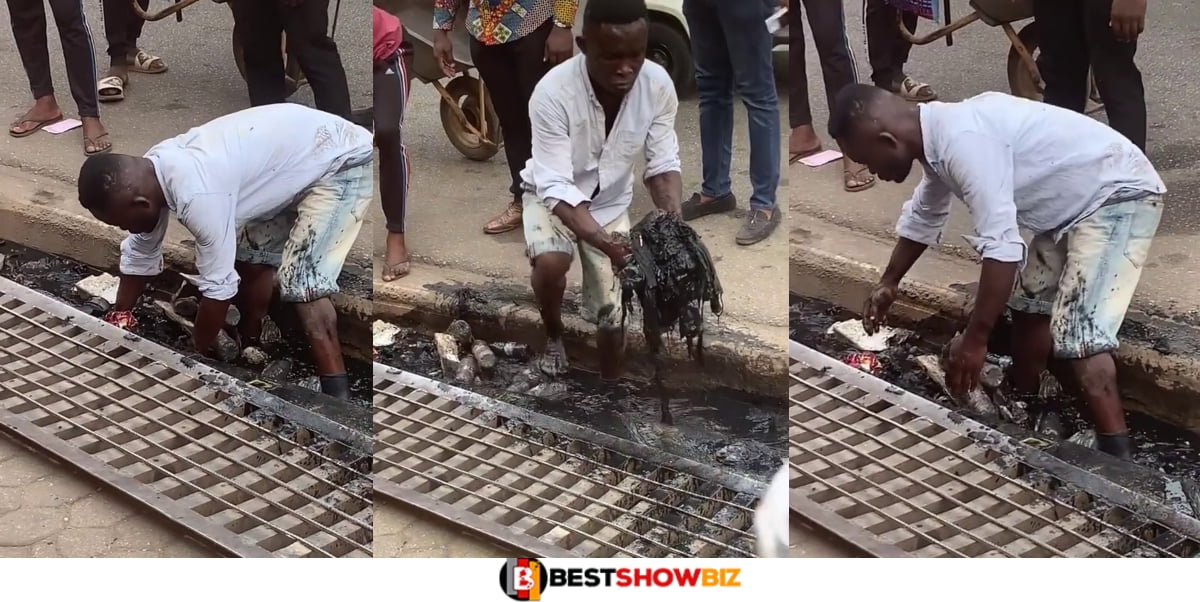 (Video) Thief allowed to clean gutters with his hands after being caught stealing in Kumasi