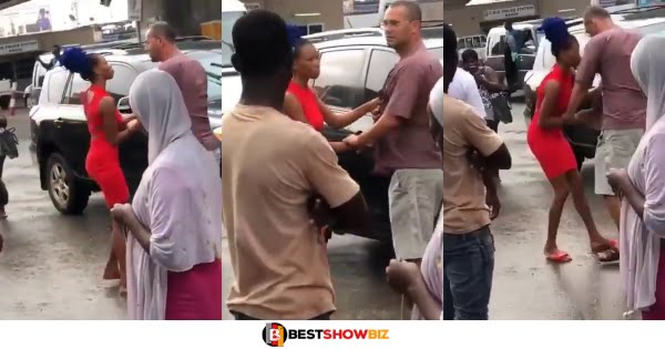 Ἄshawo lady harrases white man in public after he refused to pay after the service (video)