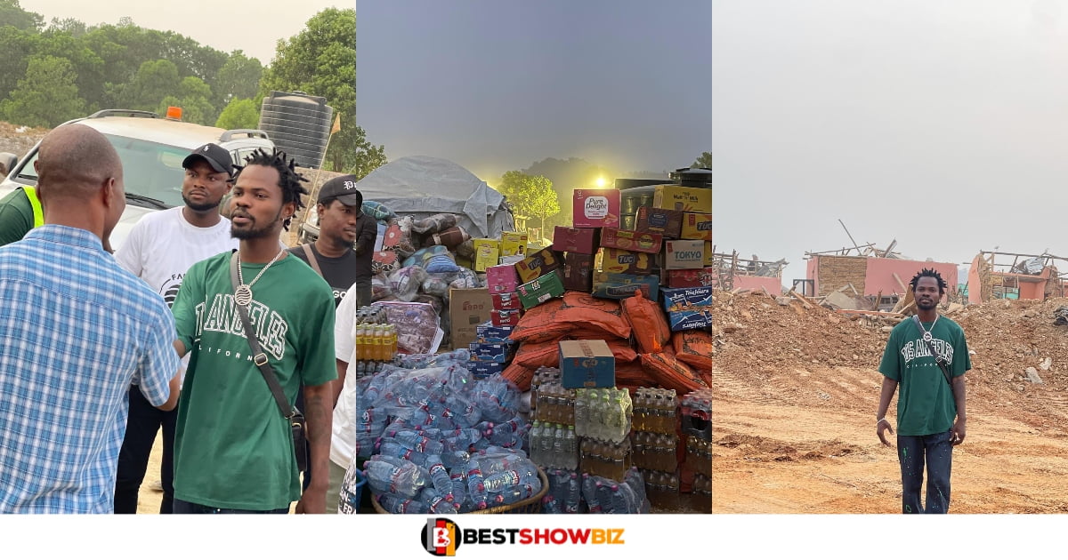 Kind-hearted Fameye visits Bogoso Explosion victims with food and relieve items (video)