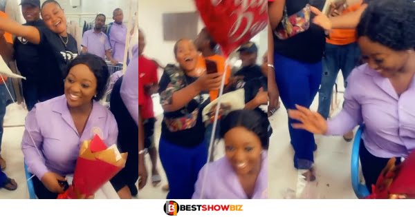 Movie crew gives Actress Jackie Appiah a huge surprise on set. (Watch beautiful moment she received it)
