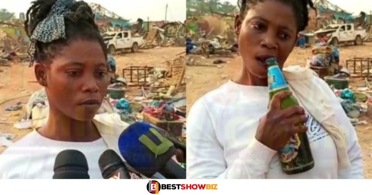 "My life has ended, i lost my Ghc 1000 in the explosion"- Lady spotted getting drunk after Bogoso Explosion reveals (video)