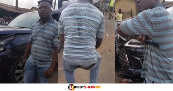 Mechanic In trouble after crashing his client’s GMC Car worth 600,000 Cedis Whiles driving it In Town to show off (Video)