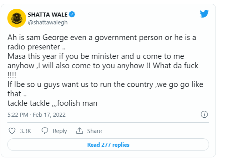 Shatta wale insults MP Sam George for commenting about his k!ssing video