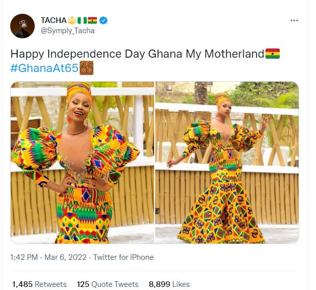 BBnaija star Tacha stuns social media as she dressed in beautiful Kente to wish Ghana a happy independence day