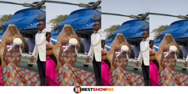 Reactions As Beautiful Ghanaian Bride Arrives In A Helicopter (+VIDEO)