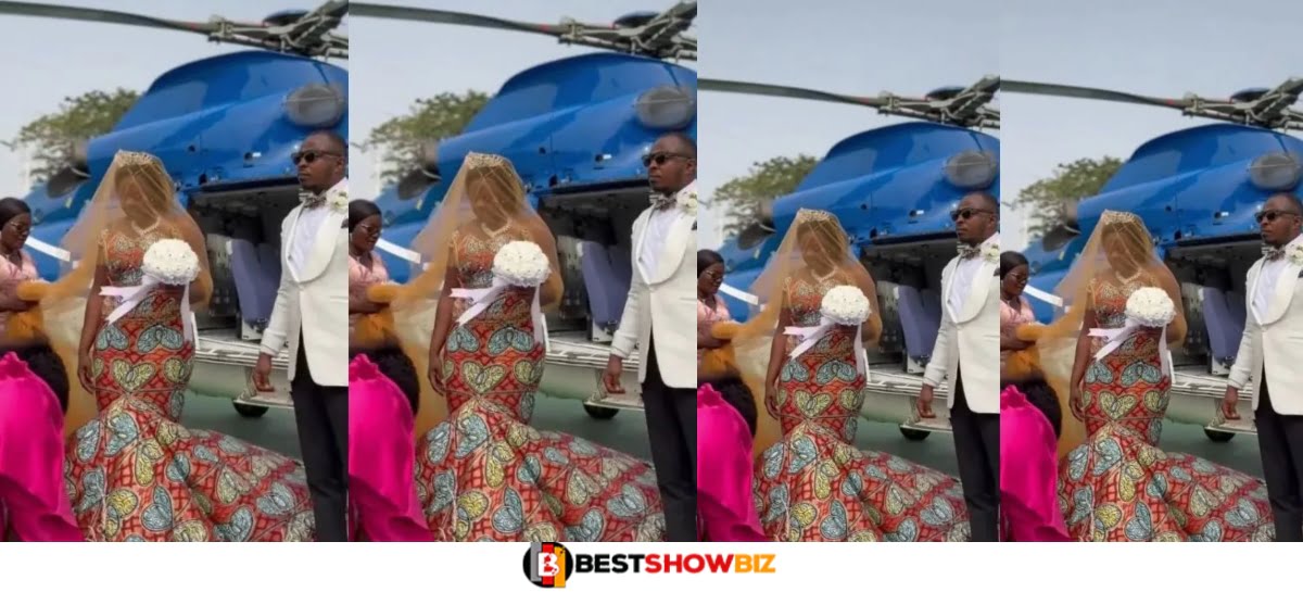 Reactions As Beautiful Ghanaian Bride Arrives In A Helicopter (+VIDEO)