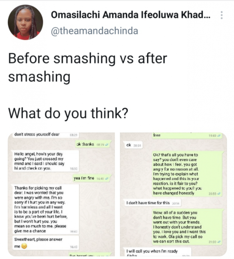 When they want you vs when they get you; Lady shares chat with boyfriend before and after having sekz
