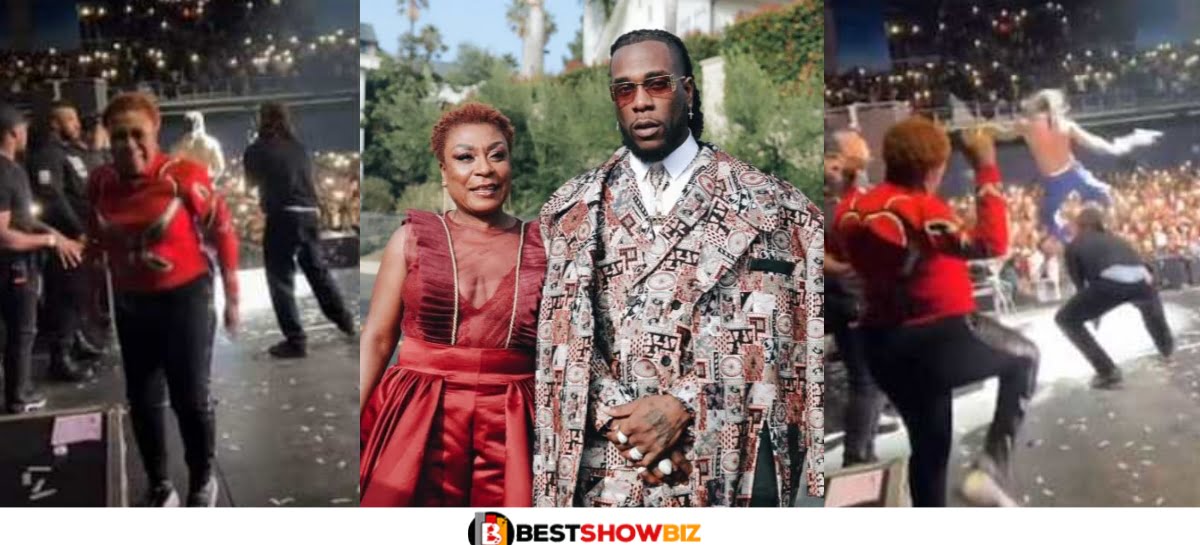 (Video) Burna Boy’s mother displays beautiful dance moves on stage during son’s performance