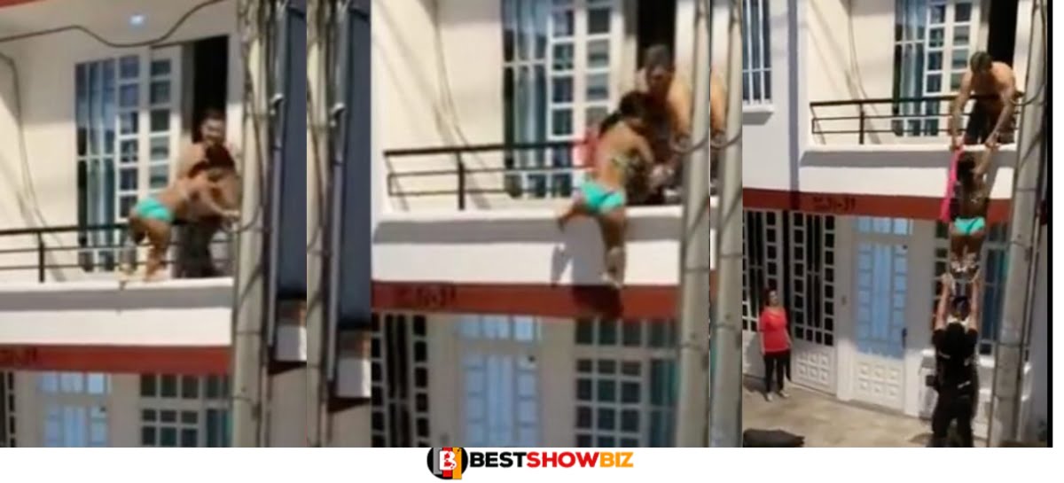 (Video) Cheating husband helps sidechic jump down from the window of a storey building when wife came home