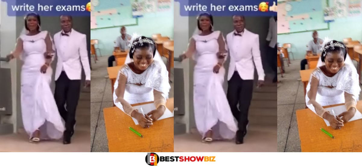(Video) Ghanaian lady rushes to school to write exams on wedding day in her wedding gown