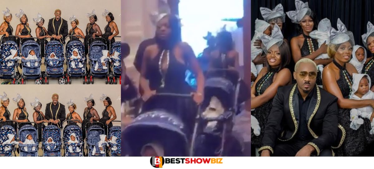 (Video) Pretty Mike storms Toyin Lawani’s wedding with his 6 Baby Mamas each of them pushing a baby in a stroller