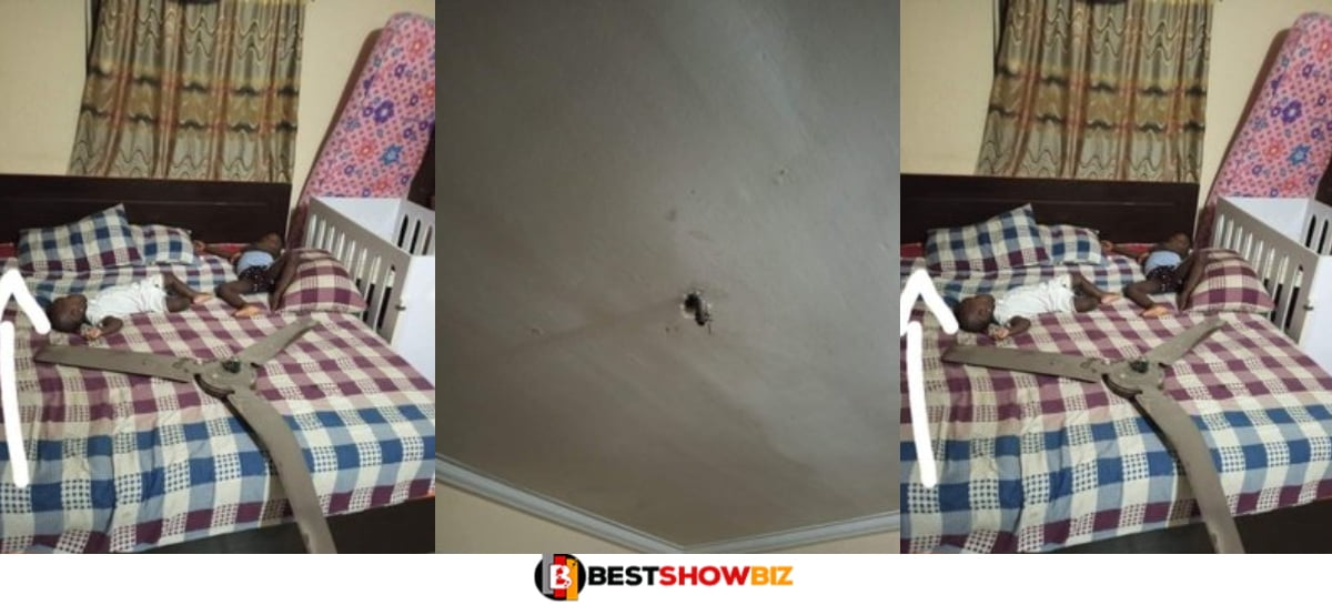 Woman and her kids escape deαth as ceiling fan falls on their bed while they were asleep (Photos)