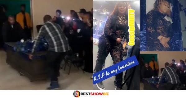 Lady shocks her friends and family after she arrived in a coffin to celebrate her birthday (video)