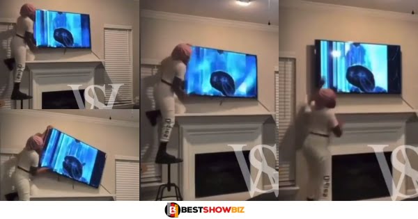 Lady damages her boyfriend's expensive TV after she caught him cheating with another woman (video)