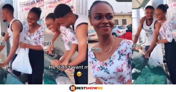 Lady goes to her boyfriend's workplace with food and to also help him wash cars (video)