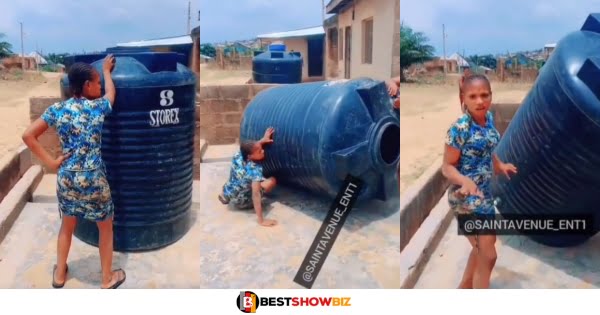 Poly Tank falls on a lady who was trying to do a Tiktok challenge (video)