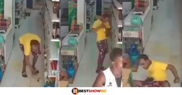 3ka Aba Fie! Man breaks bottle of wine he stole in his pants in a shopping mall- Video