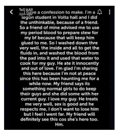 "I use blood from my menses to prepare stew for my boyfriend to eat"- Legon student confesses