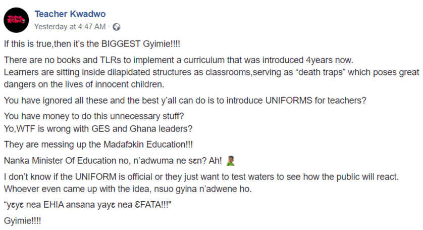 "This is gyimii"- Teacher Kwadwo blast GES on new teachers' uniform