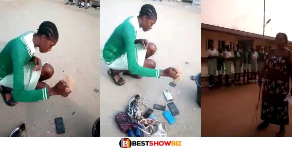 (Video) Headmistress instructs School Prefect to destroy all seized phones in front of the whole school