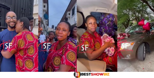(Video) New Mother Tears Up As Husband Surprises Her With A Car For Giving Birth To Their Child