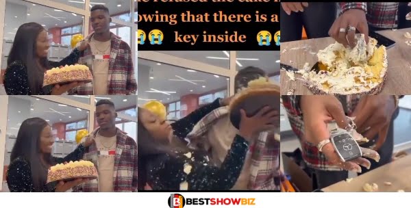 Watch how a Lady smashed cake gift in boyfriend’s face not knowing Mercedes Benz key was inside