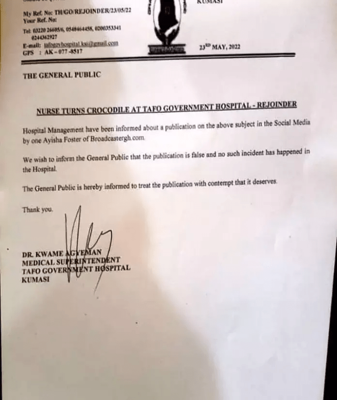 "It is not true, none of our nurses have turned into a crocodile"- Tafo Government Hospital in Kumasi reacts to viral reports.
