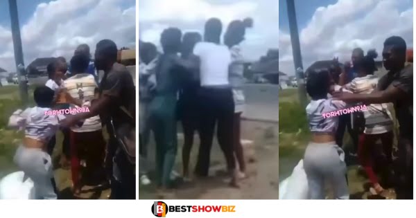 Two ladies spotted f!ghting on the streets over a man (watch video)