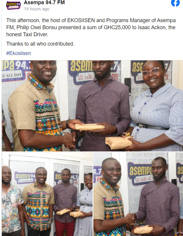Honest Taxi Driver, Kwesi Ackon ‘Smiles’ For The First After Receiving Ghc25,000 For His Honesty (photos)