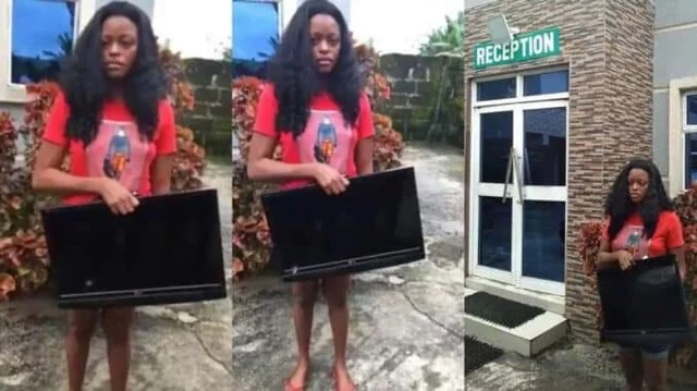 Beautiful Slay queen caught red-handed stealing TV from a popular hotel