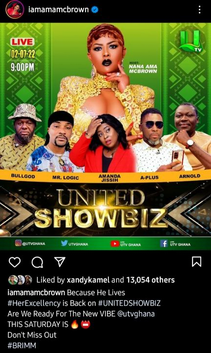 Good News: Nana Ama Mcbrown is back to host this weekend United Showbiz (see details)
