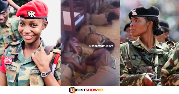 Military ladies spotted sleeping on the floor whiles their black shoes sleep on a bed with white bedsheets (video)
