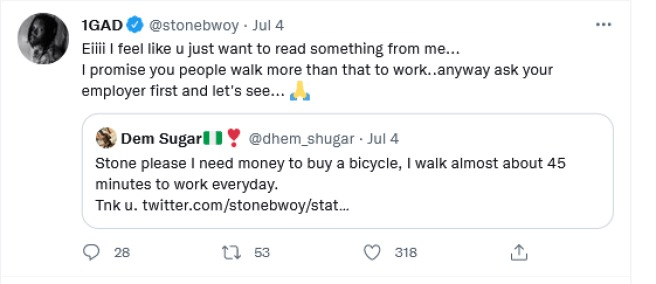 See the reply Stonebwoy gave to a fan who asked him to buy a bike for him because it takes him over 45 minutes to walk to work every day