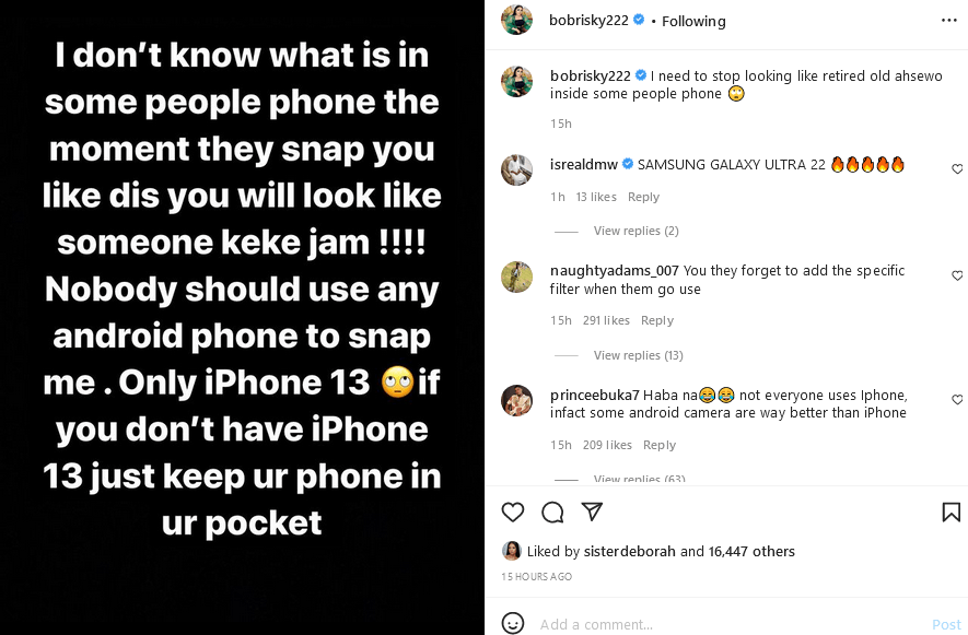 "Only iPhone 13 users are allowed to take my photos, android and old iPhone users should back off"- Bobrisky