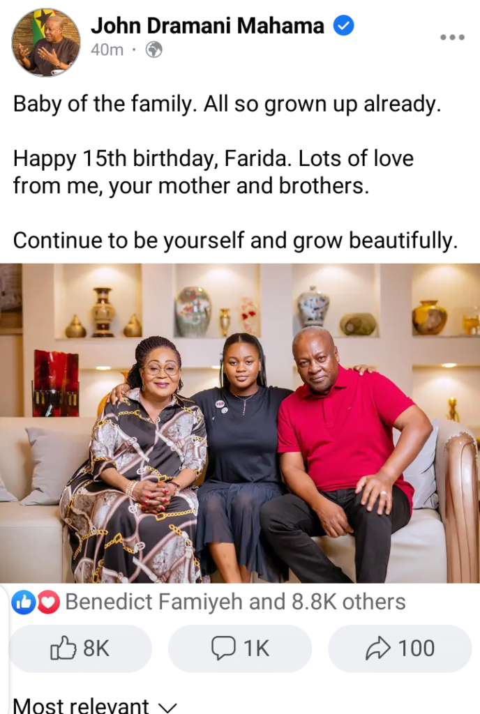 "Farida, You Are Just 15 And You Have Grown Like This" - Netizens React To Mahama's Daughter