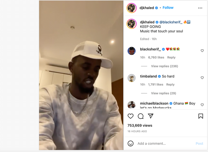 Black Sherif reacts after DJ Khalid posted and praised him