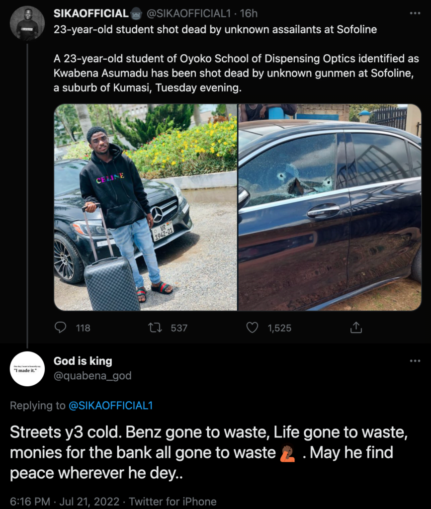 "He defrauded 3 fraud boys, that was why he was k!lled"- Cause of death of 23 years old boy shot in his Benz revealed