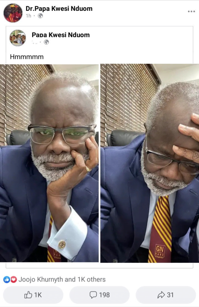 Ghanaians sad after Paa Kwesi Nduom Posted depressed photos of himself with 'hmmm' as the caption.