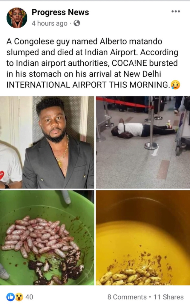 Handsome young man reported dead at the airport after the cocaine he swallowed to smuggle burst in his stomach